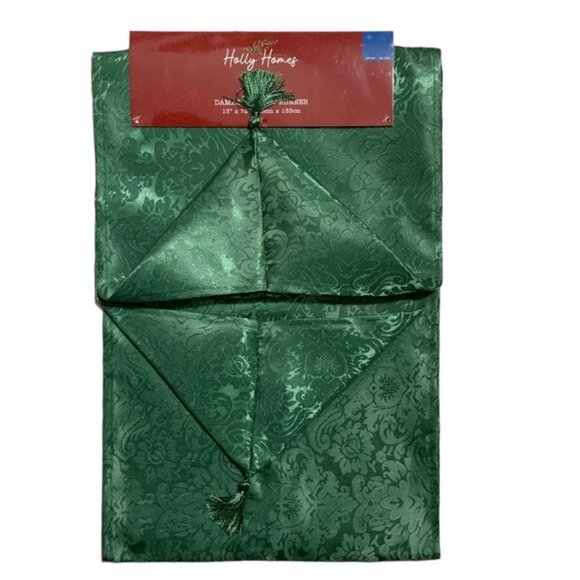 Holly Homes Table Runner Silky Holiday Christmas Green Damask 13 in x 72 in - Picture 3 of 13
